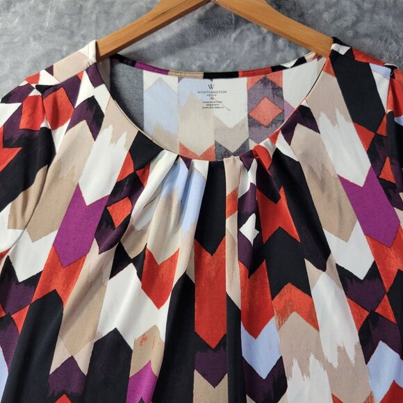 Worthington Womens Petite L Geometric Print Short Sleeve Top Multicolor Workwear - Picture 4 of 8